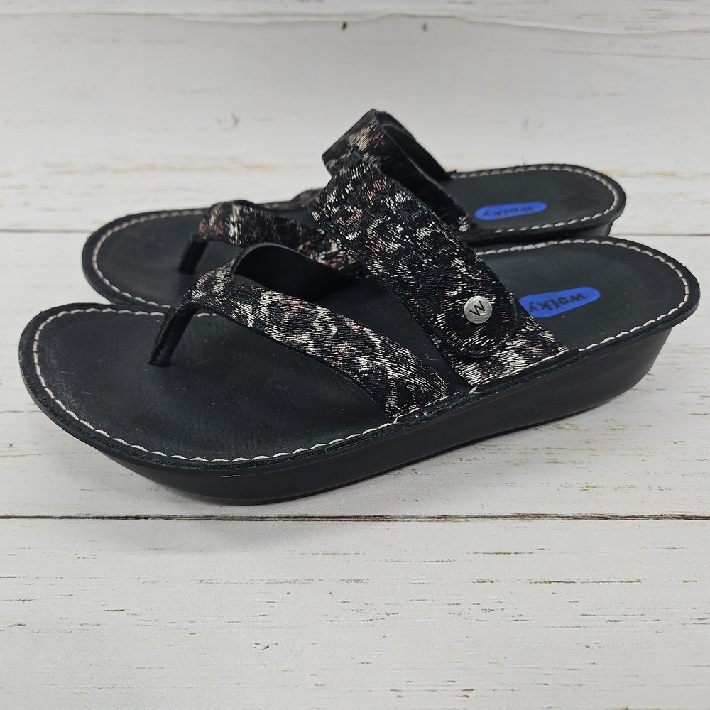 Wolky Tahiti Womens 6 EU 37 Black Leopard Leather Toe Post Sandals Adjustable